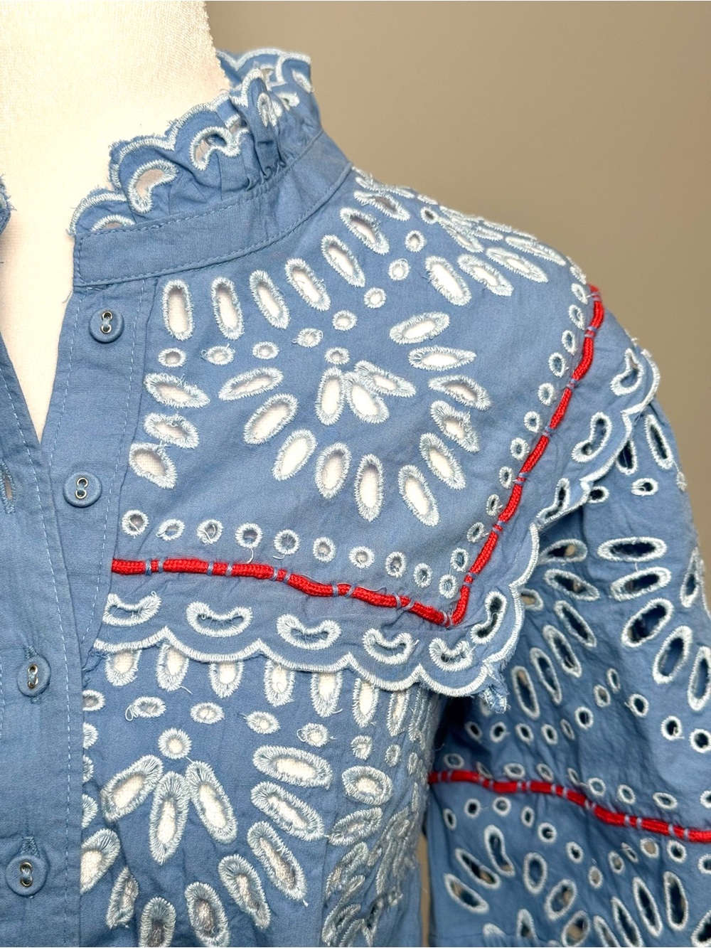 Anthropologie Coastal Scalloped Peplum Eyelet Blouse NWT Medium Blue - Picture 7 of 11